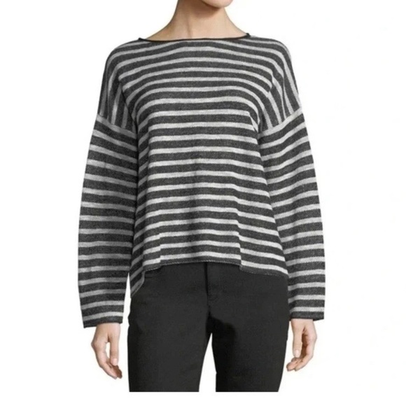 Eileen Fisher Organic Linen Cotton Sweater Size *L Black Striped Back Closure - Picture 1 of 6